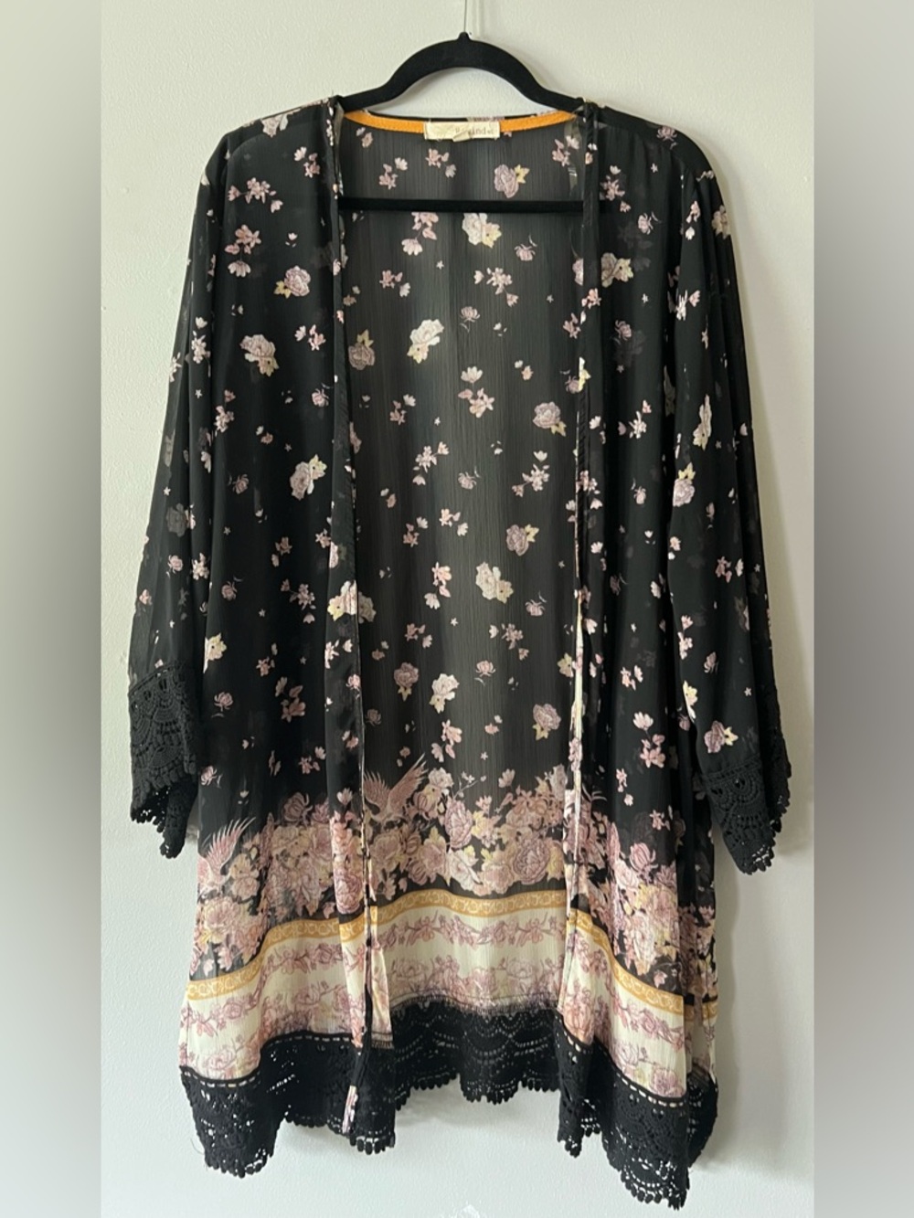 Rewind Black Floral Sheer Kimono with Pink & Gold Floral Accents